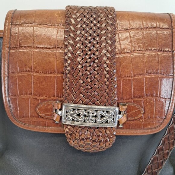 BRIGHTON Black Leather Brown Croc Emboss Braided Handle Shoulder Bag - Picture 3 of 15
